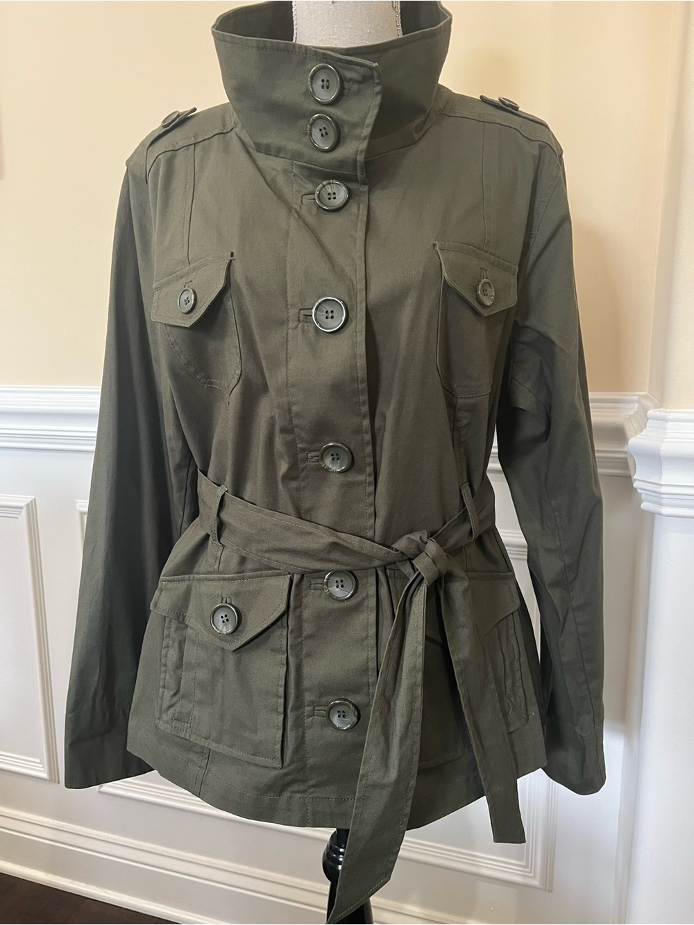 Olive Green, Belted- Button Down-Utility Safari Jacket/Short Trench.